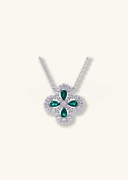 Verdant Moon 18K White Gold Four Leaf Clover Emerald Inlaid Diamond Necklace