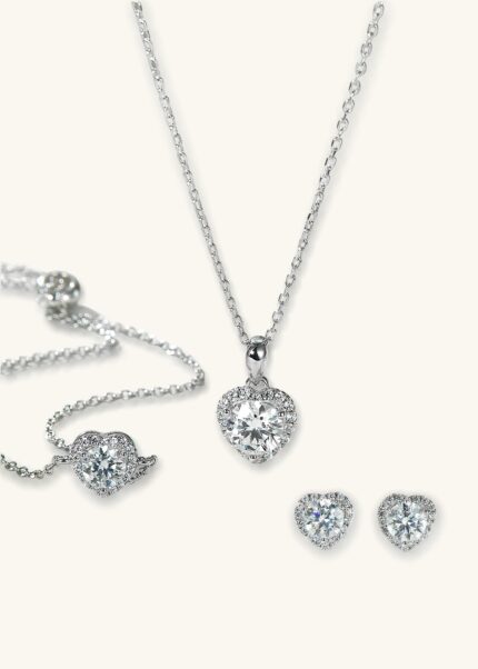 All My Love 18K White Gold Heart Shaped Diamond Necklace Earrings Bracelet Set