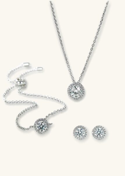 Rose Promise 18K White Gold Round Diamond Necklace Earrings Bracelet Set